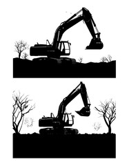 Vector art of two excavator silhouette, a powerful construction machine in black and white design © msmdesign
