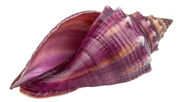 Detailed close up of a vibrant purple conch seashell isolated on transparent background