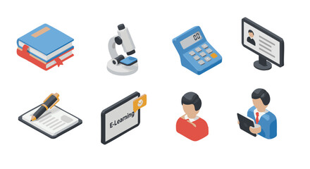 Collection of isometric icons representing education, science, and business concepts