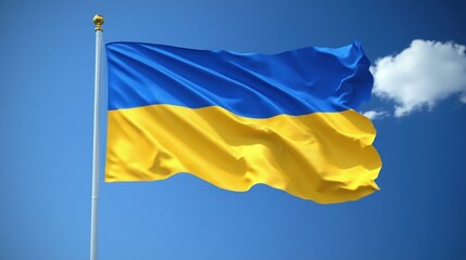 Ukrainian flag waving in clear blue sky under bright sunlight on a peaceful day