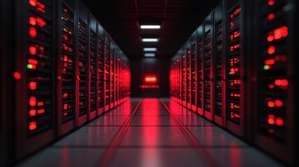 High tech server room with glowing red lights in a modern data center at night