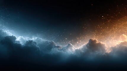 Stunning digital clouds with contrasting colors and glowing particles at twilight