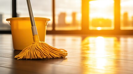 Mop and bucket placed on a shiny floor with sunset light in a clean room