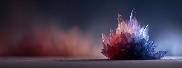 Colorful crystal formation shining on a soft surface in a dimly lit environment