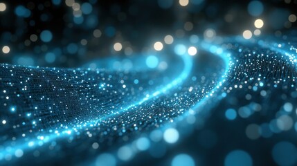 Flowing blue light particles create a stunning visual effect in a dark space