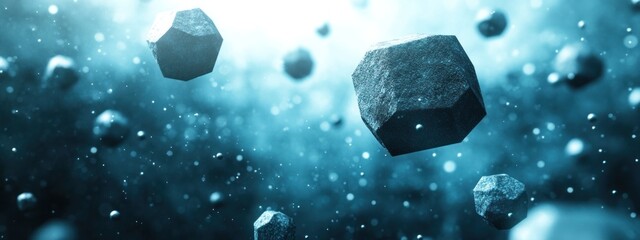 Floating geometric shapes in a bright blue space background creating a surreal atmosphere