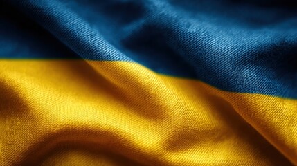 Ukrainian flag displaying blue and yellow colors in fabric texture with natural light