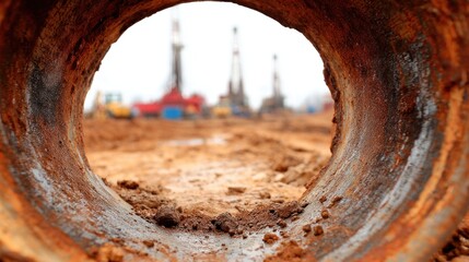 Construction site view through a rusty pipe with machinery in the background