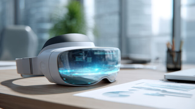 VR headset on modern office desk with futuristic holographic interface, concept of future work and metaverse
