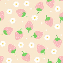 Pink Pastel Strawberry Blossom Pattern on Beige Background