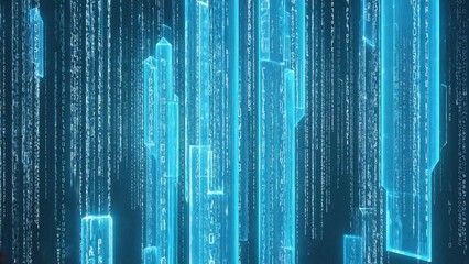 Futuristic digital cityscape with glowing blue skyscrapers formed from vertical streams of binary code, virtual reality, advanced data networks, and cutting-edge information technology innovation.