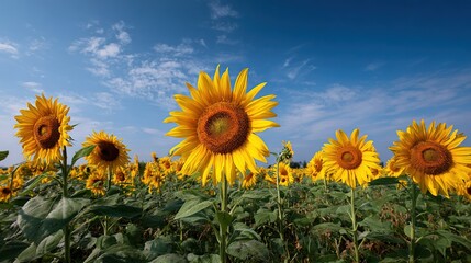 Obraz premium A field brimming with sunflowers beneath a cerulean sky, adorned with delicate wisps of clouds in the distance