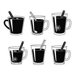 Collection of six black silhouette coffee cups with stir sticks for cafe menu
