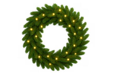 Christmas fir wreath decorating with glowing light bulbs