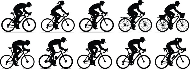 Cyclist silhouette set, bike riders, mountain, road, utility bicycles, racing, commuting, casual cycling, vector icons, sport, lifestyle, posture