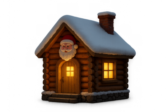 Santa claus cabin with snow and warm lighting