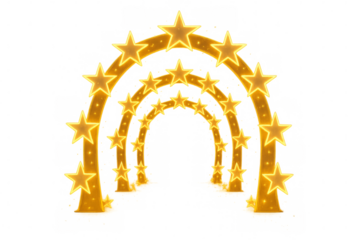 Golden glowing stars arching tunnel on transparent background