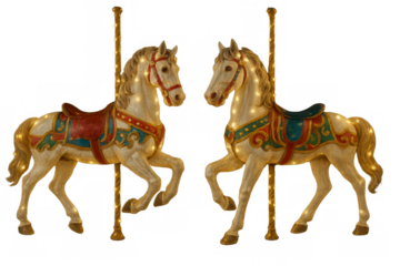 Vintage carousel horses with glowing lights on transparent background