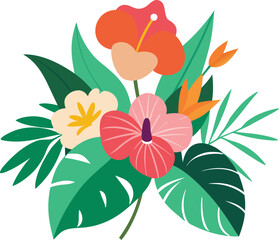 Vibrant tropical flower bouquet illustration with anthuriums and hibiscus for vector graphics