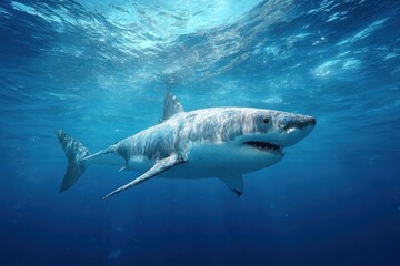 Fototapeta premium Realistic depiction of a great white shark swimming gracefully in turquoise waters under bright sunlight, showcasing its powerful physique and striking features