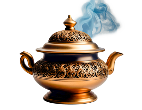 An ornate golden teapot with intricate carvings, emitting blue smoke from its spout, resembling a magical object on a transparent background
