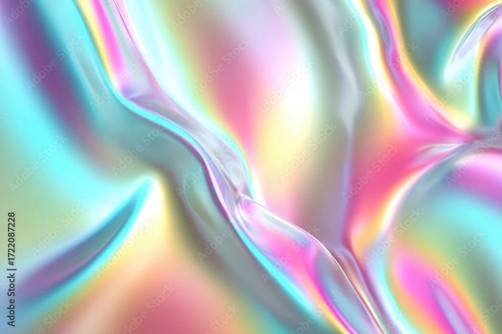 Poster dynamic iridescent fabric design showcasing vibrant colors and smooth textures, creating an ethereal