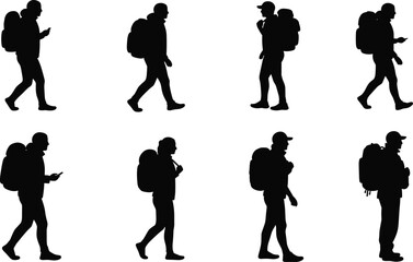 Silhouette collection of backpack travelers walking and standing, hiking people with luggage, outdoor adventure tourist figures, trekking lifestyle vector design