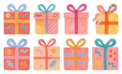 PNG Colorful hand-drawn gift boxes, element set on transparent background