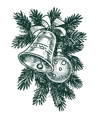 Festive Christmas decorations, bell and ball on fir branch, traditional holiday symbols, vector hand drawn illustration, greeting card