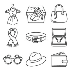 Fototapeta premium Black and white line art icons of fashion accessories including a dress on a hanger shoes in a box a handbag a scarf a belt a necklace in a box sunglasses a hat and