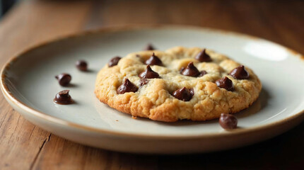 Golden chocolate chip cookie on a white plate with warm caf&eacute; tones.