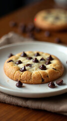 Golden chocolate chip cookie on a white plate with warm café tones.