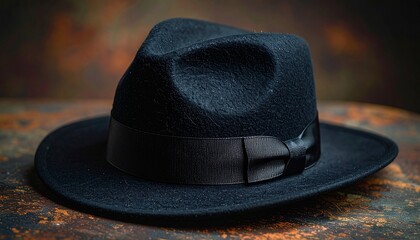 Black felt fedora hat with wide brim, creased crown, and black ribbon band, placed on a dark surface with dramatic lighting to emphasize vintage elegance and timeless style.
