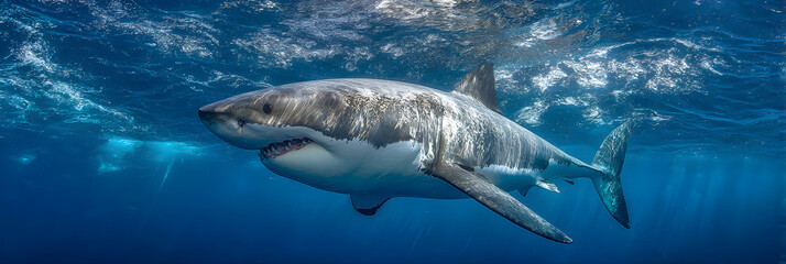 Fototapeta premium Exploring the Mysteries an Behaviors of the Great Whte Shark: Apex Predator ofOcean Ecosystems