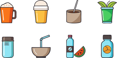 Collection of eight non-alcoholic beverages and related items in a flat design style perfect for healthy lifestyle themes.