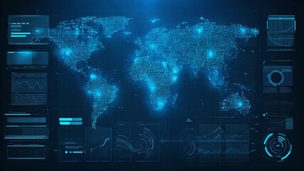 Futuristic digital world map with glowing data points, charts, and interface panels on a dark background, symbolizing global technology, cybersecurity, data analytics and virtual communication systems - Powered by Adobe
