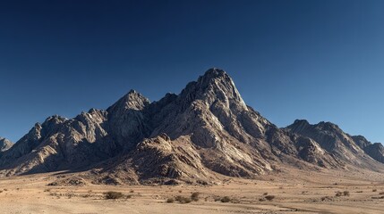 Fototapeta premium A mountain range stands amidst a sparse desert landscape, its rugged peaks punctuating the horizon The panoramic view is dominated by a brilliant blue sky