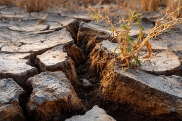 Fototapeta premium Cracked soil background during dry season with resilient plant struggling to survive in harsh conditions