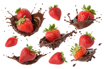 Collection set of falling strawberry with chocolate splash isolated on AI Generated by PNG