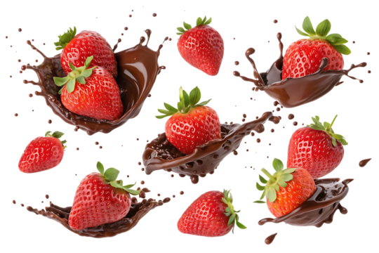 Collection set of falling strawberry with chocolate splash isolated on AI Generated by PNG