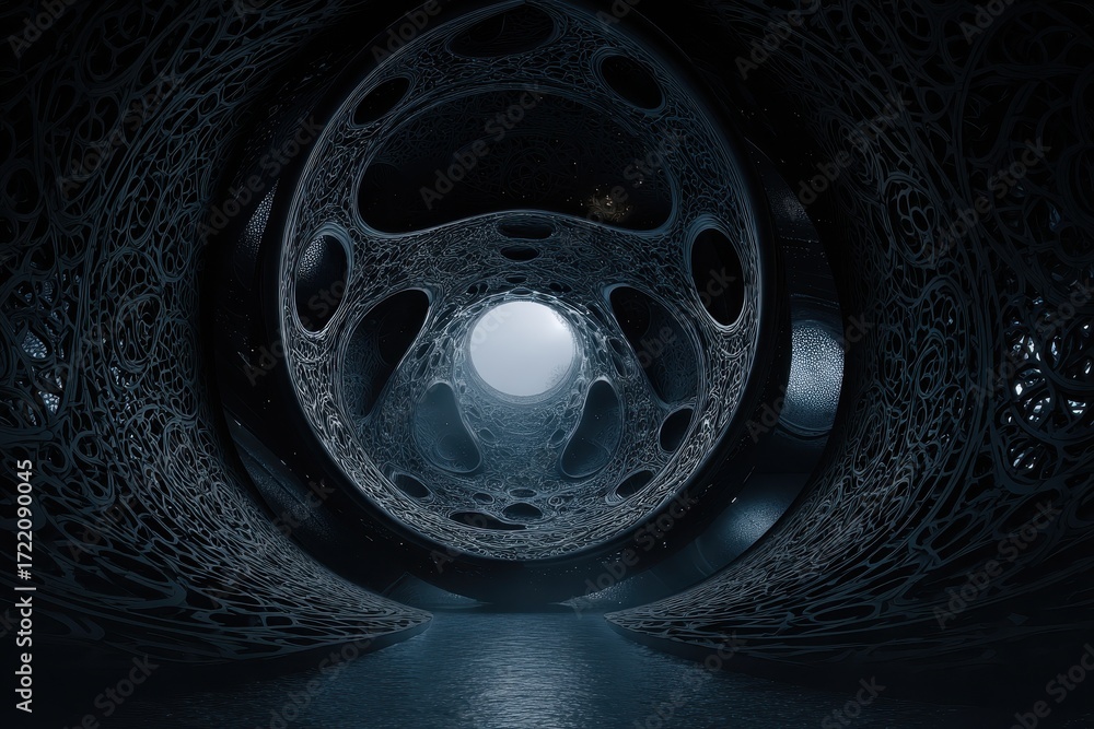 Poster futuristic dark geometric round organic shape with intricate patterns and a glowing center in an eni