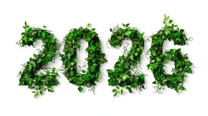 Eco-themed 2026 year numerals formed from green ivy and vines symbolize sustainability, environmental awareness, and natural growth for seasonal or event marketing