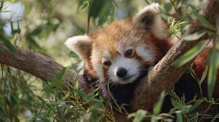   A red panda's face peeks out from a tree branch above