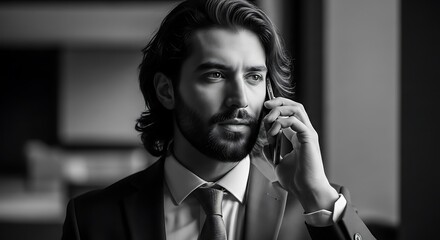 Man in suit talking on phone in black and white.