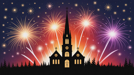 Majestic church silhouette surrounded by vibrant night fireworks and star-filled glowing sky, symbolizing joy, tradition, and festive holiday celebration in winter season
