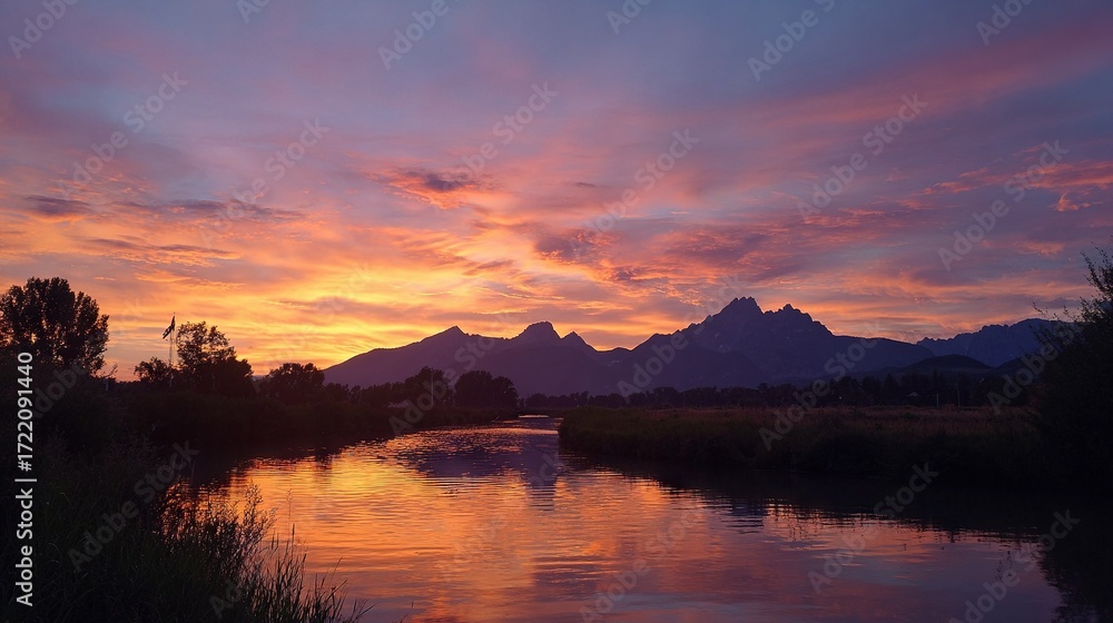 Poster sunset over a mountain range with a river running through a field of grass and trees in the foregrou