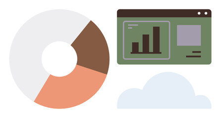 Pie chart in sections, bar graph on green screen, and soft cloud element. Ideal for analytics, data trends, statistics, business planning, reports, cloud technology simple flat metaphor