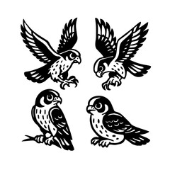 Obraz premium Stylized Falcon Icon Set – Black and White Bird of Prey Behavior Illustrations