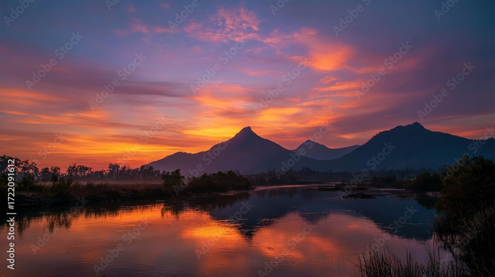 Poster a river with water in the foreground and trees in front, while the sun sets behind a mountain range