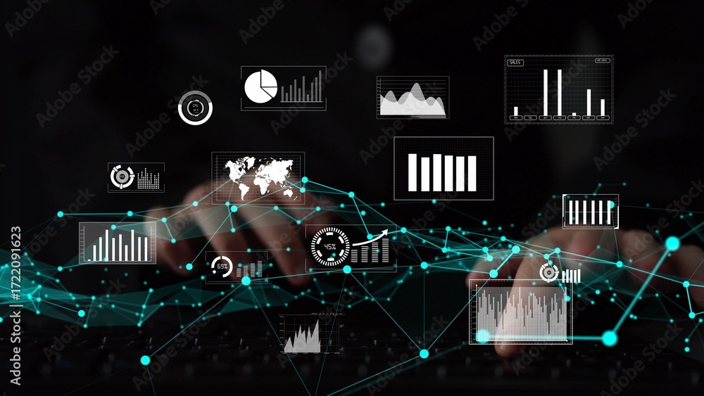 Leinwandbilder engage with a modern digital workspace featuring hands typing on a keyboard, enhanced by various dat